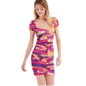 URBAN OUTFITTERS KAILUA MESH RUCHED MINI
DRESS WATERCOLOR